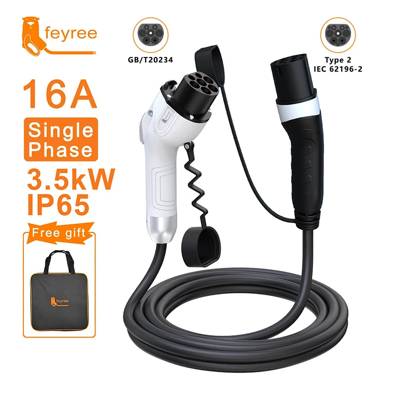 feyree EV Charger GB/T Female Car side to type2 Male Plug 16A 3.5KW 32A 7KW Charging Cable 5m 11KW 22KW 3Phase for Electric Car