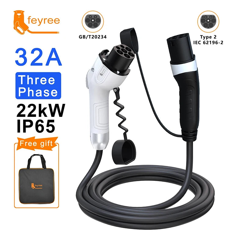 feyree EV Charger GB/T Female Car side to type2 Male Plug 16A 3.5KW 32A 7KW Charging Cable 5m 11KW 22KW 3Phase for Electric Car