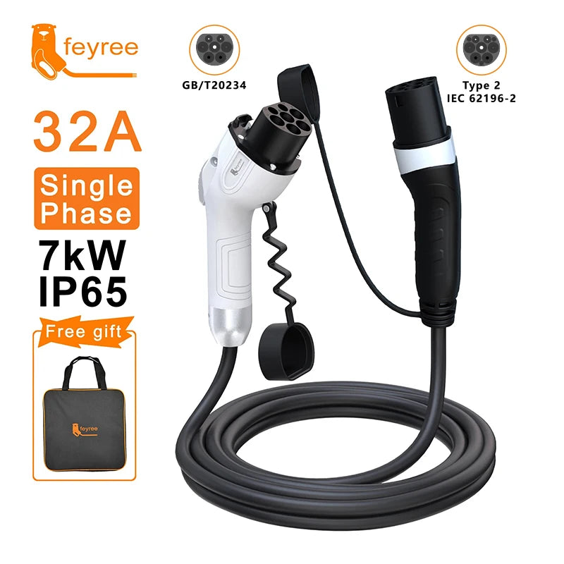 feyree EV Charger GB/T Female Car side to type2 Male Plug 16A 3.5KW 32A 7KW Charging Cable 5m 11KW 22KW 3Phase for Electric Car