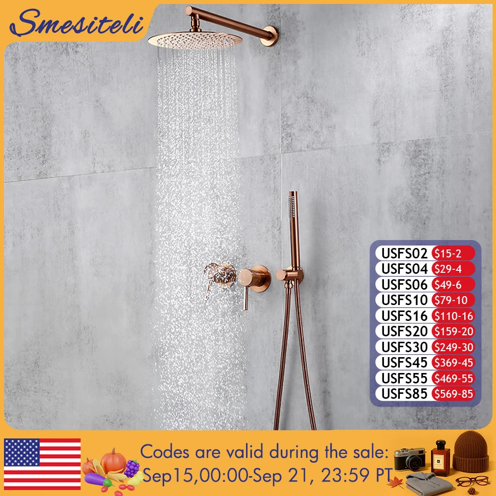 Rainfall Shower Set Rose Gold Wall Mounted Bathroom Shower Mixer Brass Faucet Hot Cold Water Mixer Tap With Head 8/10/12 Inch